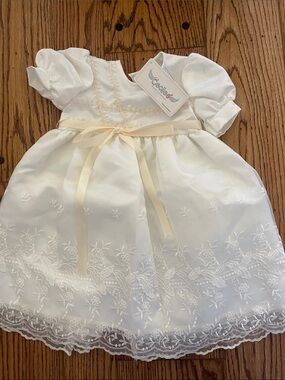 Baptism NEW  White Embroidered Baby Dress with Cream Ribbon
